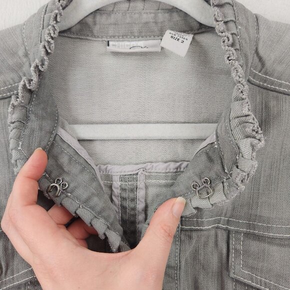 Chicos Jacket Women 2 Gray 12 Platinum Denim Jean Trucker Stretch Ruffle Casual - Picture 9 of 15